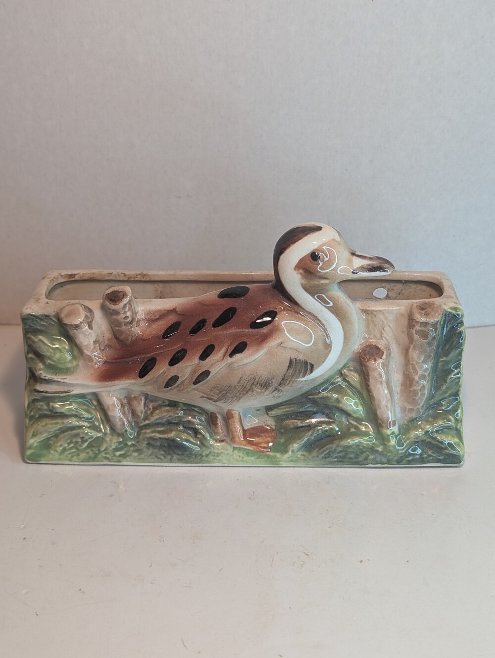 Vintage Ceramic Wall Pocket Planter featuring a hand-painted Duck. Made In Japan